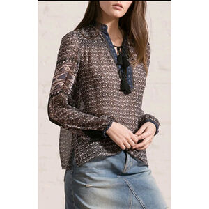 Women's Ulla Johnson Amala Blue Silk Patterned Boho Sheer Blouse, tassles, Small